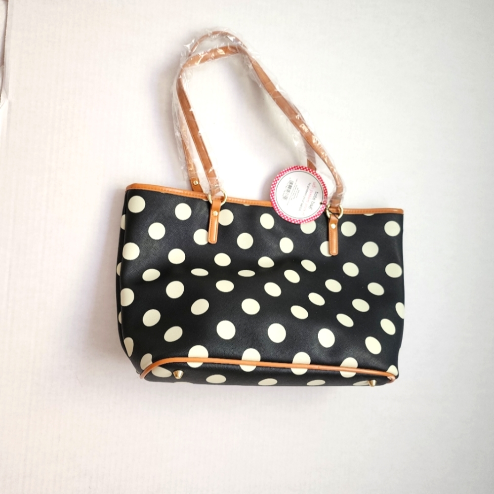 B&W polka dot tote bag with tags